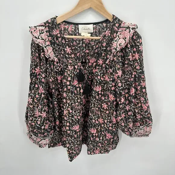 CLEOBELLA NWT Evereve Brynlee Black Pink Org Cotton Metallic Print Blouse // L - Picture 4 of 16